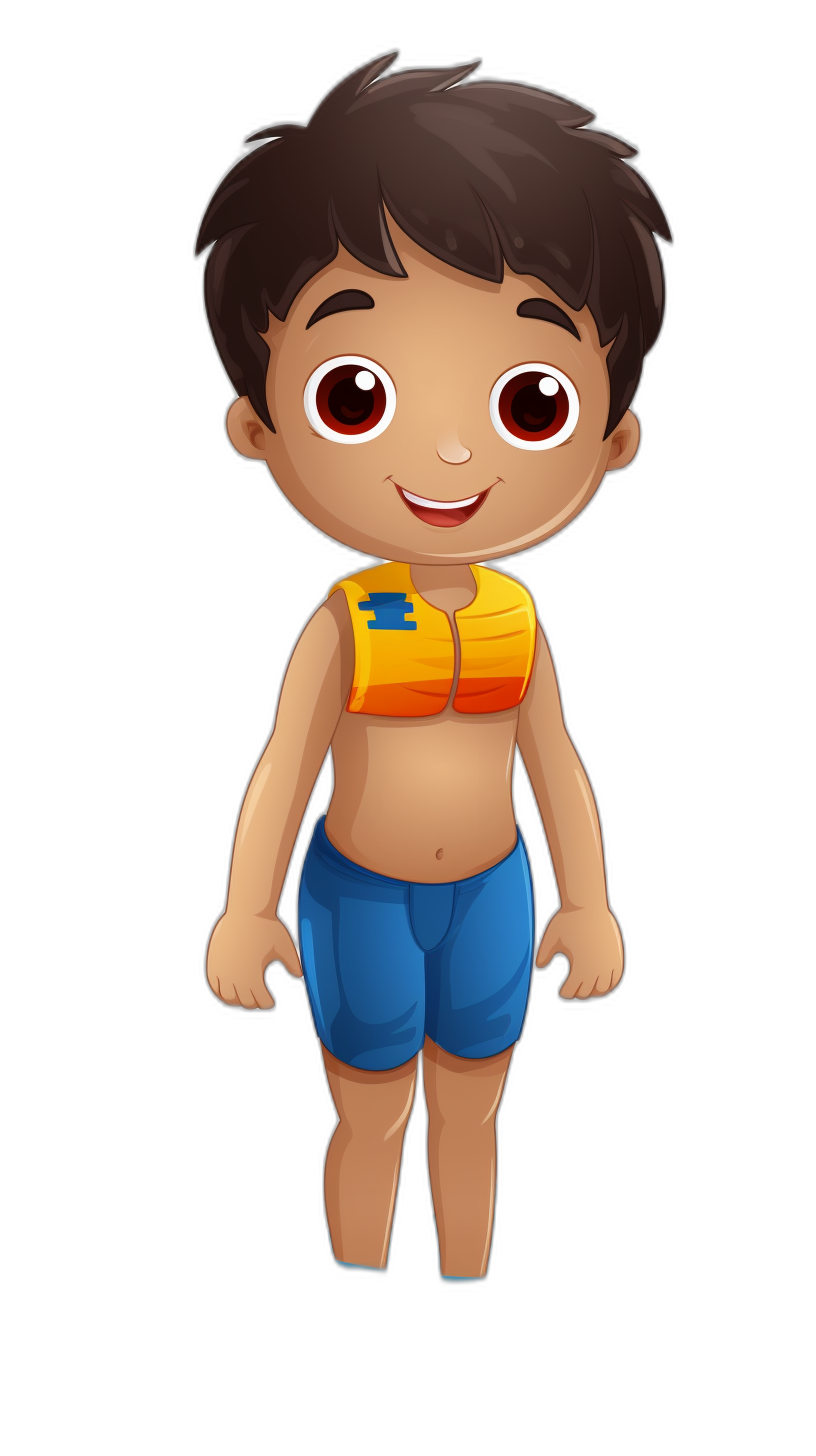 a cute cartoon of an Indian boy wearing blue shorts and yellow life jacket, big eyes, smiling with full body on black background