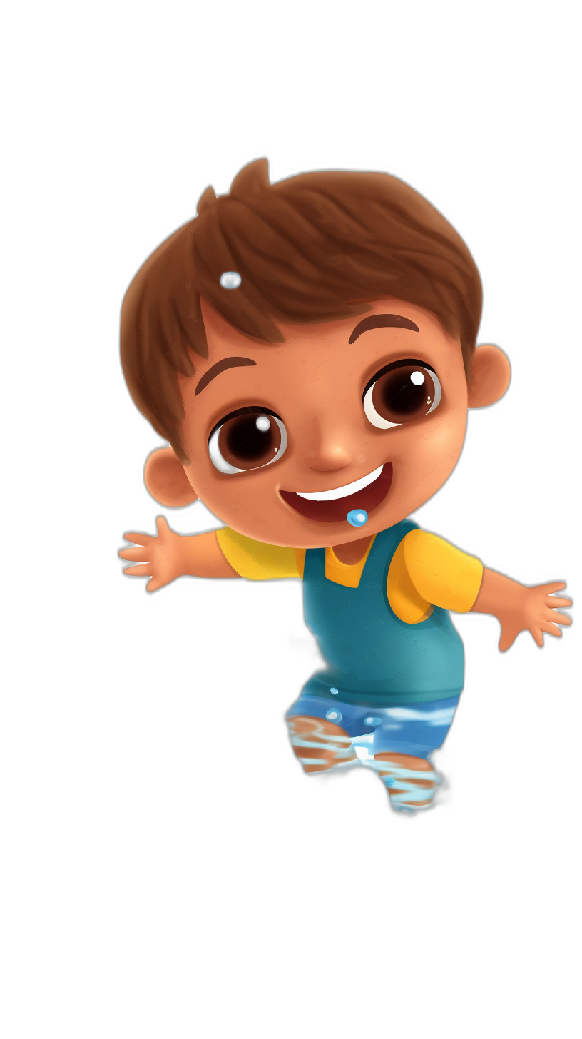 A cute baby boy with brown hair and big eyes, smiling while jumping in the air on a black background, wearing blue overalls and a yellow shirt. The design is in the style of Pixar with a cartoon character style. It has the look of a Disney illustration and is a 3D render. The stills have a colorful animation style reminiscent of an animated film pioneer with caricature-like illustrations in a cartoon scene.