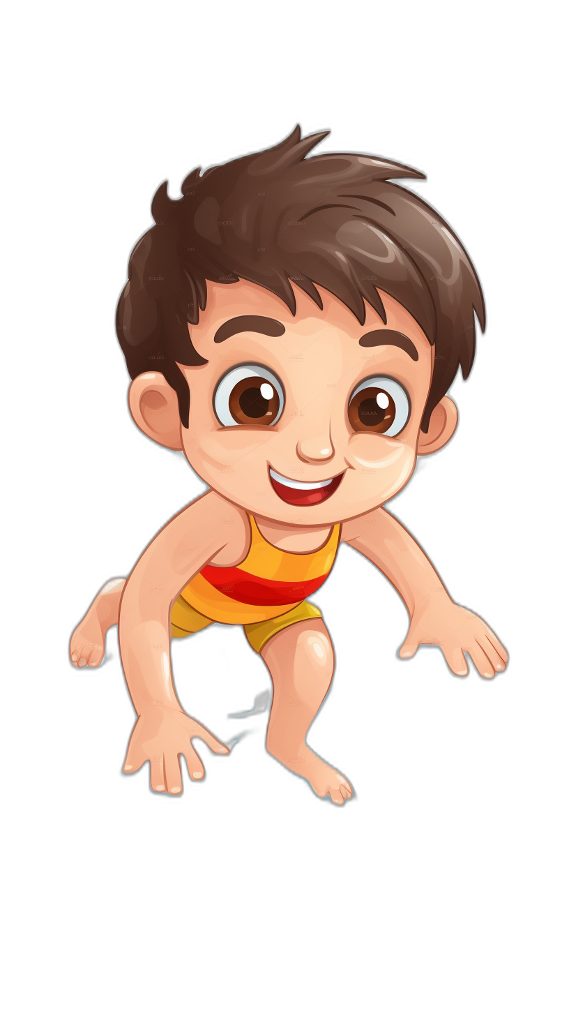 A cute baby boy in swimming trunks, cartoon style, with brown hair and big eyes smiling at the camera, doing his first forward roll on black background, colorful , vector illustration, full body shot, flat design, 2d game art, high resolution, high detail, high quality, high sharpness, high definition, octane render, 3D rendering, Pixar Style