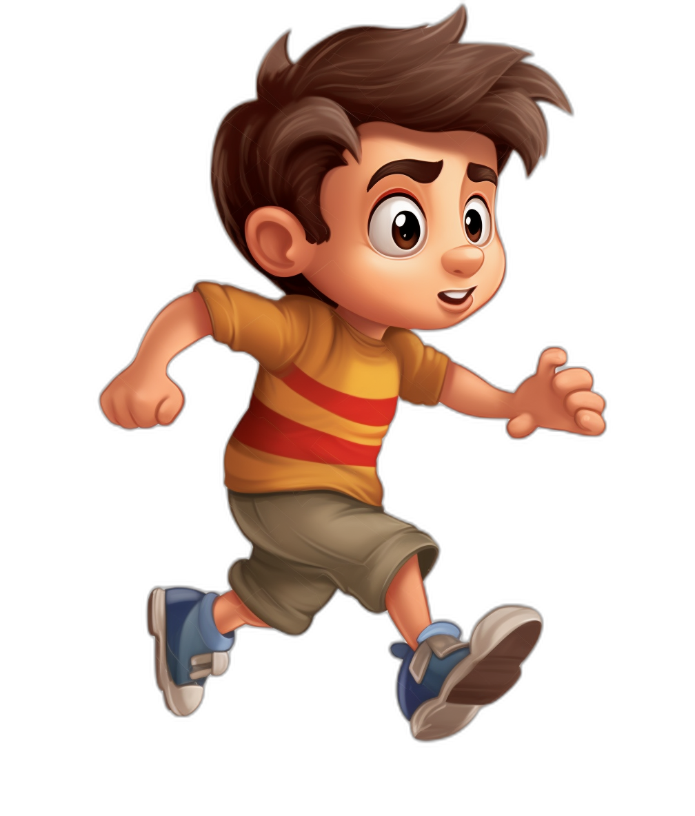 An adorable cartoon boy running, with brown hair and wearing shorts with a striped t-shirt, in the style of Disney, on a black background, cute and funny, in the style of Pixar animation.