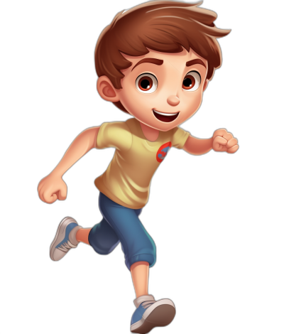 A cute cartoon boy is running in the style of Disney, on a black background, in a full body portrait, wearing short sleeves and blue shorts, with brown hair and big eyes, in .