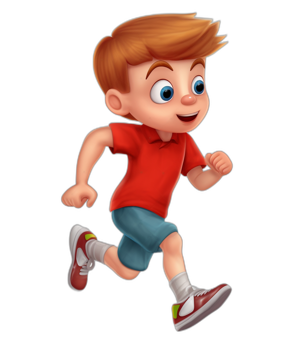 A cute cartoon boy is running, wearing red short sleeves and blue shorts with sneakers on his feet. He has brown hair, big eyes, and a small mouth open in laughter against a simple black background. The style is simple like a 3D game character model in the Pixar animation style with bright colors and high definition resolution. The boy is depicted in the style of Pixar animation.