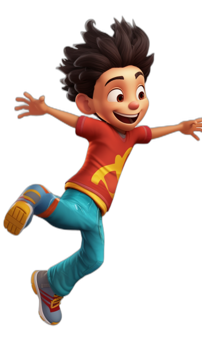 A full body shot of Disney Pixar's flying young boy character with black hair, brown skin and wearing a red shirt, blue pants, and white shoes in the style of Pixar cartoon characters on a black background.