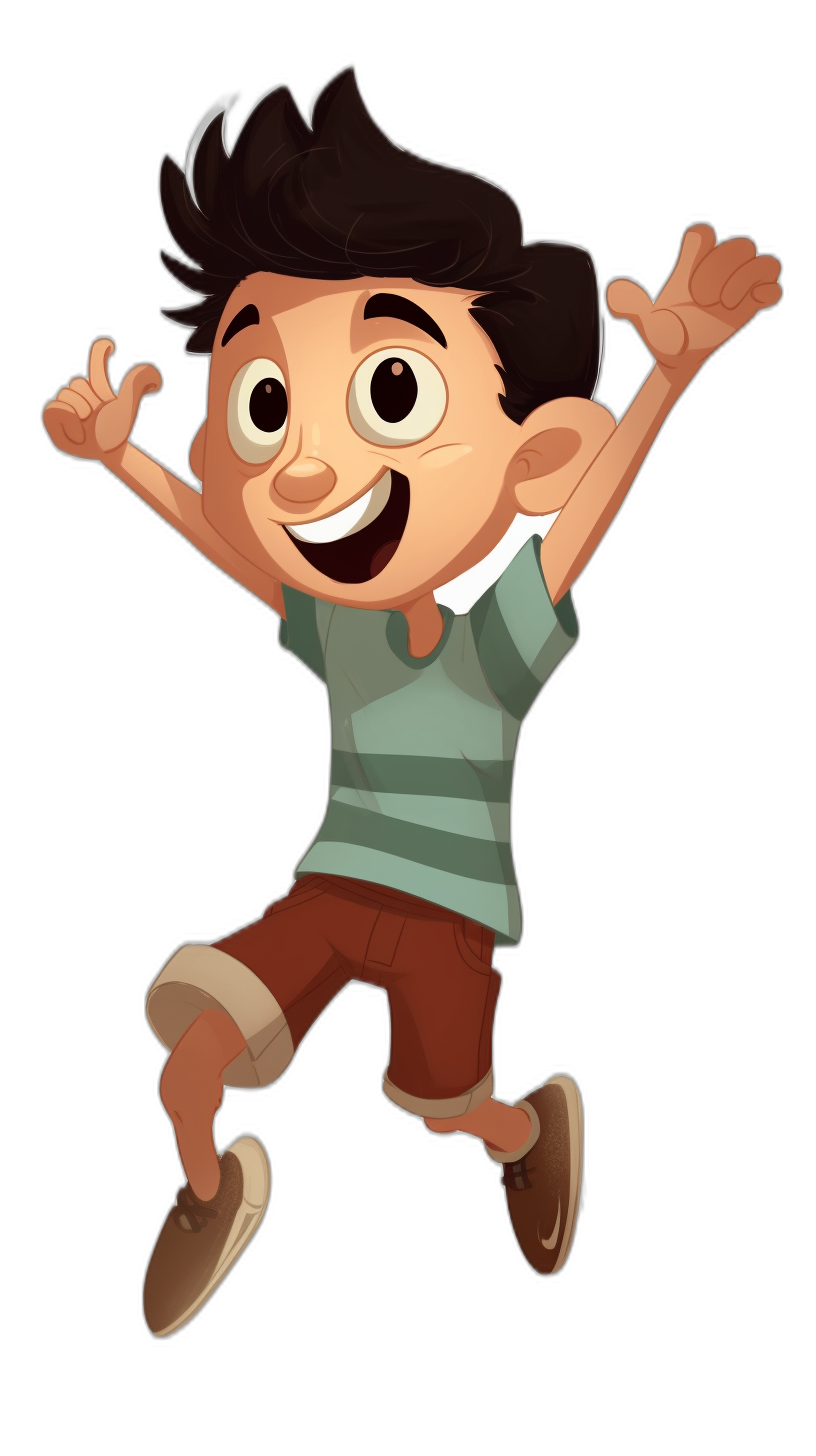 Illustration of a young boy with dark hair, brown eyes, and smiling as he jumps up in the air with his hands raised on a black background in the style of Pixar cartoon character animation.