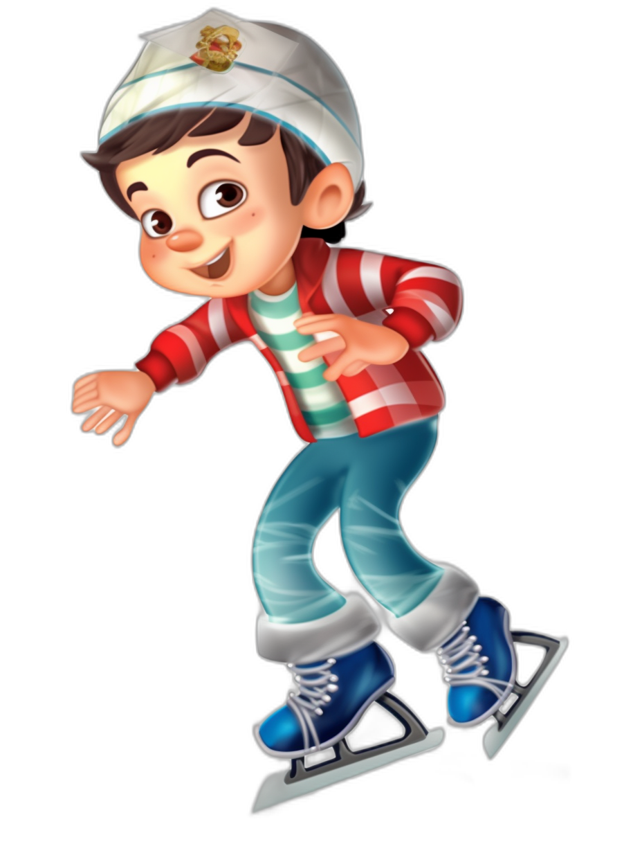 A cartoon character of a boy is skating on ice, wearing a red and white striped shirt with blue jeans. He has short brown hair and wears a hat with the logo of the Russian navy. It is a full body shot against an isolated black background in a 2D flat style in the style of Pixar.