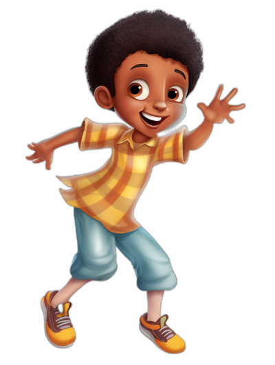 African American boy, smiling and waving with one hand in the air, full body portrait against a black background, in the style of Disney Pixar cartoon characters, wearing a yellow plaid shirt, blue pants, and orange shoes, with high quality, detailed facial features and detailed hair in a cartoon haircut style with afro hairs, a full-length full shot portrait.