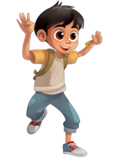 A cute cartoon character of an Asian boy, full body, in a jumping pose with his hand raised and waving at the camera, wearing a white t-shirt, blue jeans pants, red shoes, brown backpack, black hair, big eyes, in the style of Pixar, in the style of Disney, simple background, black color palette, high resolution, high detail, high contrast, colorful, bright colors, low saturation, best quality