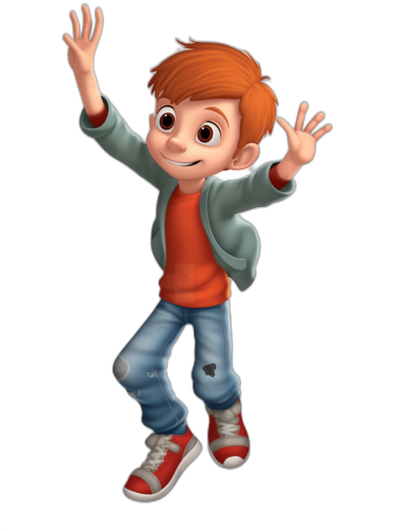 A young boy with red hair and brown eyes, wearing jeans and sneakers in the style of Pixar animation. He is depicted as jumping up or waving against an all-black background. The character has detailed features typical for children's animated film characters. It should look like he was drawn in the style of John Lasseter from Disney Pixar studio. Black isolated background.