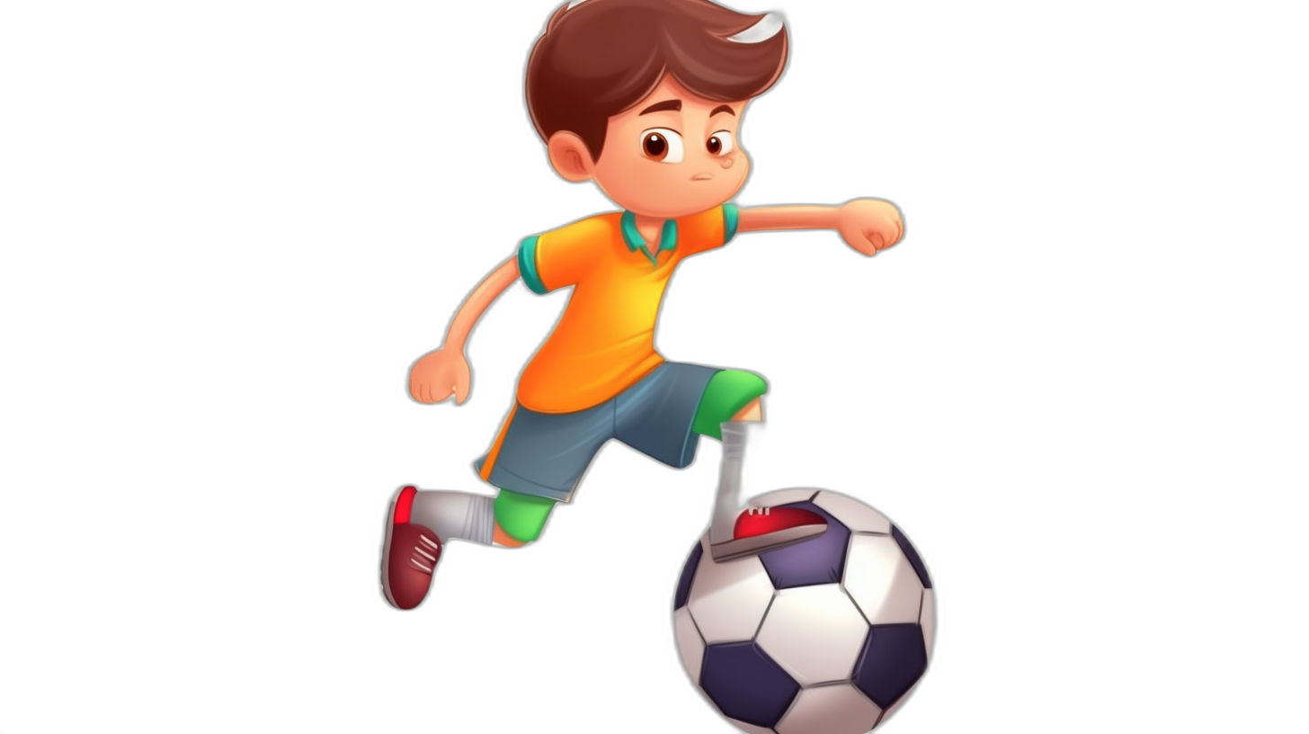 A cartoon boy kicking a soccer ball against a black background in the simple and cute style. Colorful animation stills in the high resolution.