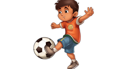 A cute cartoon boy playing football, dressed in orange and blue shorts with black background, cartoon style. The character is depicted with short brown hair, wearing an oversized t-shirt and sneakers on his feet as he plays soccer. He's kicking the ball high into the air while smiling confidently at camera. Full body shot.