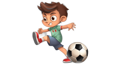 A cartoon character of a boy playing football, with brown hair wearing a green t-shirt, grey shorts and red shoes kicking the ball in a soccer game, full body shot, isolated on a black background, with cute big eyes in the style of Pixar, high resolution and very detailed.
