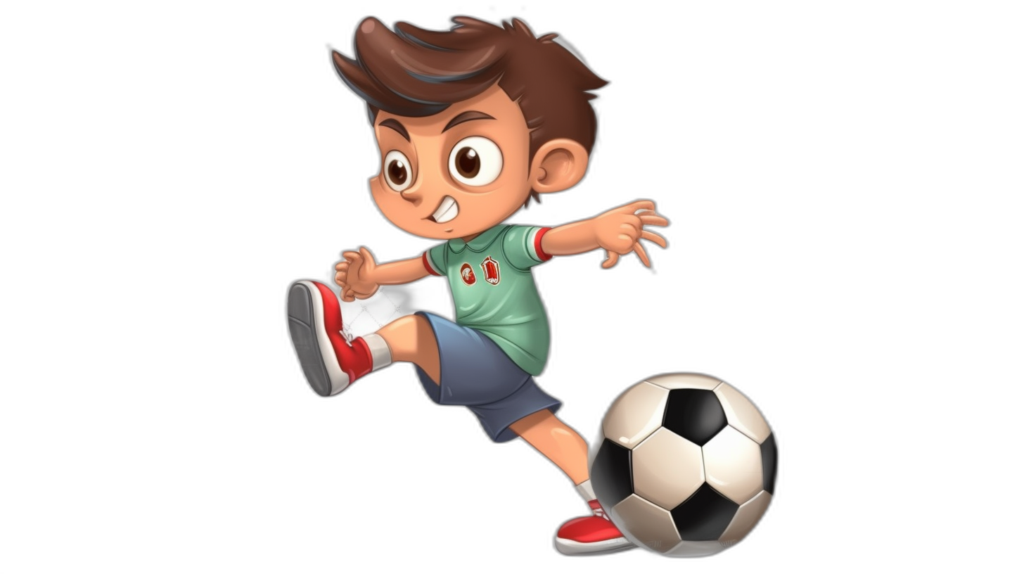 A cartoon character of a boy playing football, with brown hair wearing a green t-shirt, grey shorts and red shoes kicking the ball in a soccer game, full body shot, isolated on a black background, with cute big eyes in the style of Pixar, high resolution and very detailed.