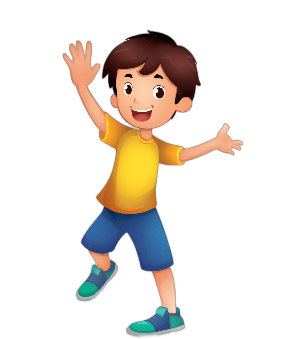 A cute happy boy, waving his hand and smiling happily with one leg raised to jump up in the air. He has simple facial expressions against a black background for a cartoon illustration of a boy wearing a yellow t-shirt, blue shorts, and green shoes. He looks very handsome, confident, and cool in a high resolution style.