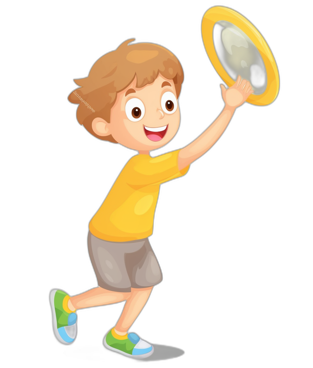 boy holding up golden frisbee, in the style of cartoon, vector art, simple design, flat colors, black background, sticker