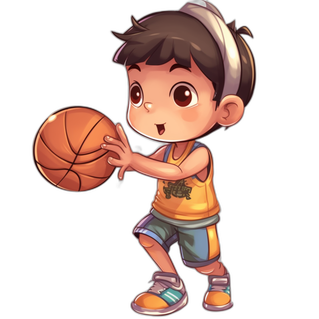 chibi style, vector design of an Asian boy playing basketball on a black background. The cute and colorful boy is wearing shorts with a yellow t-shirt, holding the ball in his hand ready to shoot it into the basket. He has brown eyes and short hair. The cartoon character has simple lines in the style of 2d game art at a high resolution.