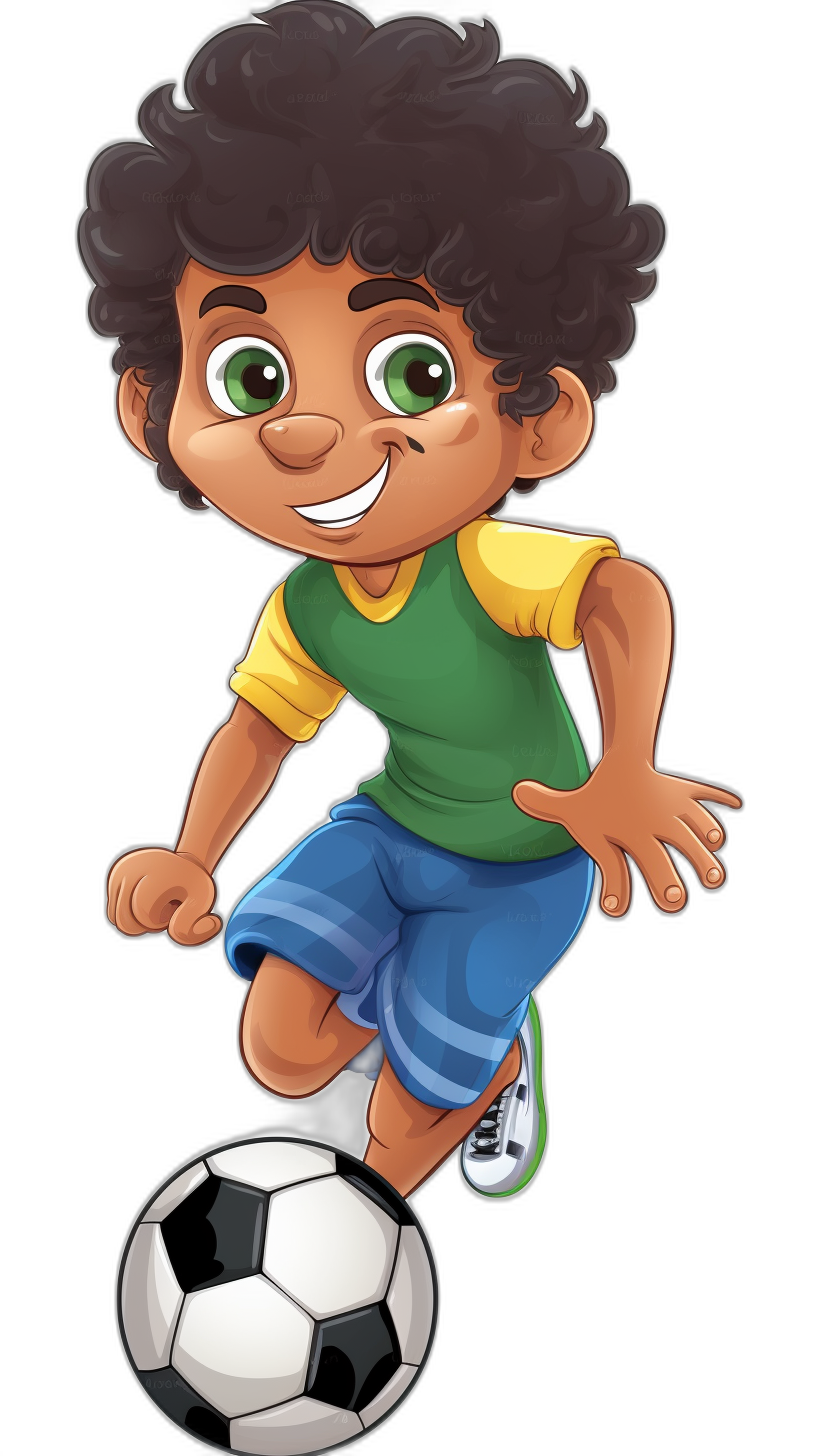 cartoon character of an African American boy playing soccer, wearing green and blue shorts with white shoes. He has curly black hair and is smiling while kicking the ball in his hand. The background should be plain to highlight him as he plays football on his own isolated cartoon illustration on a solid black background. In the style of cartoon.