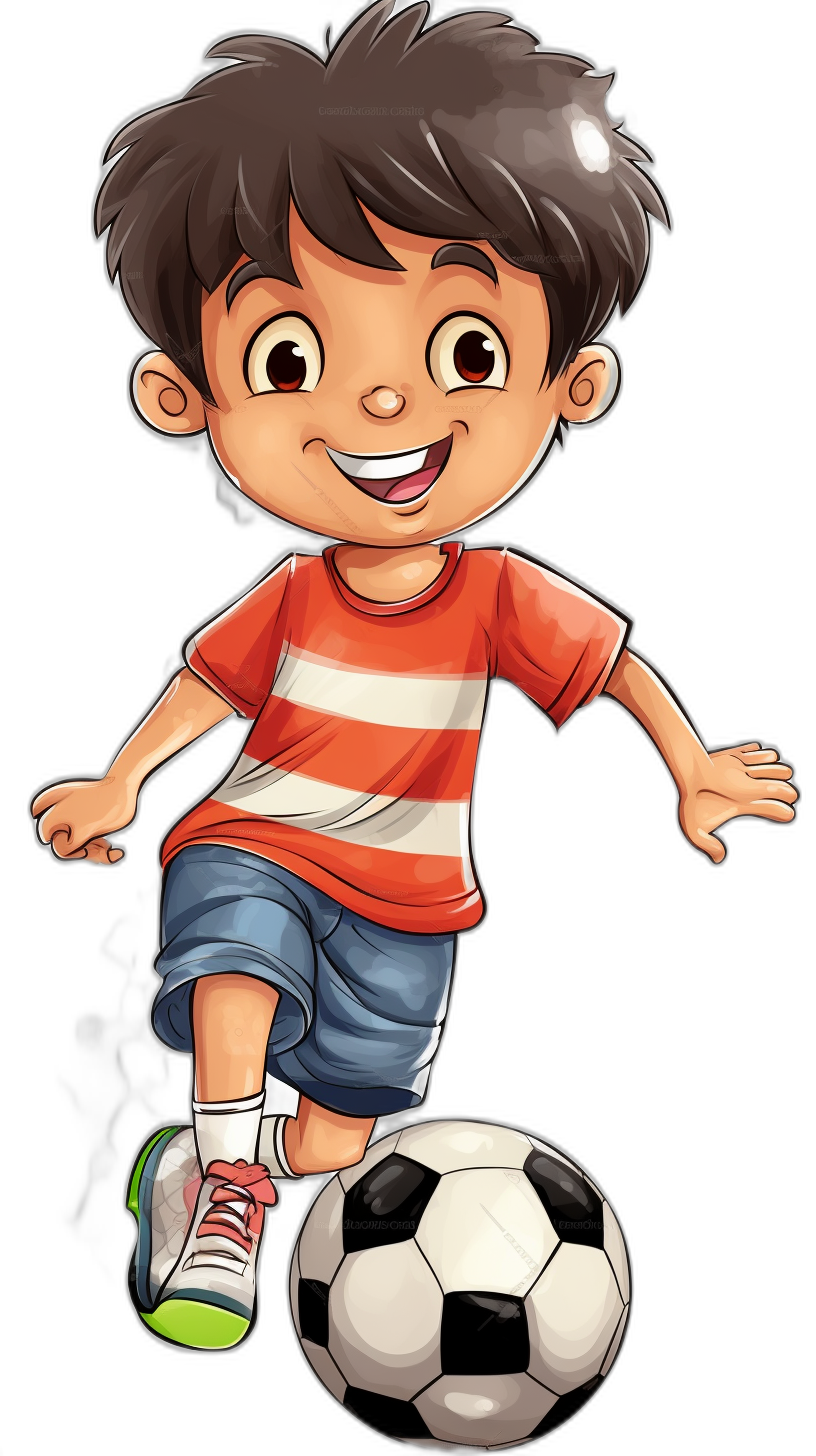 Cartoon character of an Asian boy playing football, wearing a red and white striped short-sleeved T-shirt with blue shorts, smiling expression, black hair, green shoes on his feet, in the style of a cartoon, vector illustration, simple background, high resolution, no text or letters in the picture, full body shot, soccer ball next to his foot. Black background.