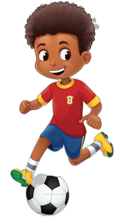 African American cartoon boy playing soccer, red shirt blue shorts yellow shoes black background