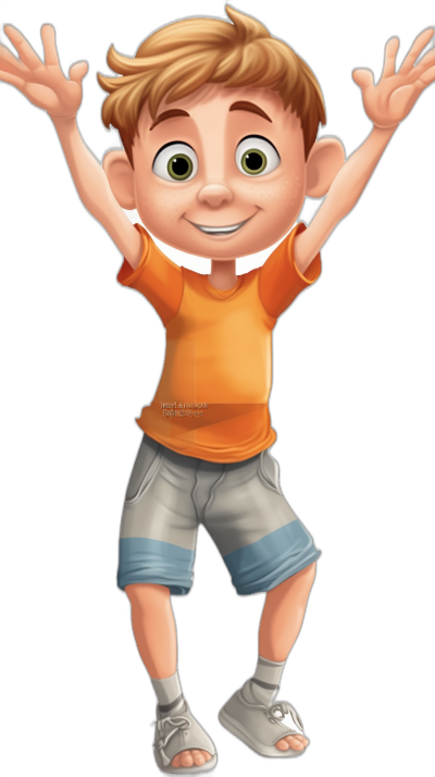 Cute cartoon boy, hands up in the air pose, orange t-shirt and grey shorts with white shoes, blonde hair, green eyes, smiling, black background, in the style of Pixar.