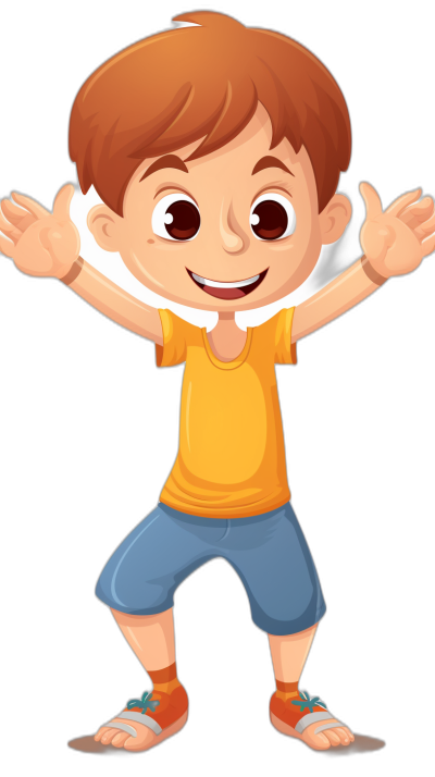 A cute happy cartoon boy with his hands up, vector illustration, flat design style, simple and clean black background, no shadows or gradients, suitable for children's book illustrations, bright colors. The character is wearing an orange t-shirt and blue shorts, has brown hair, big eyes, smiling happily. He stands tall on the ground with both feet together, one hand raised above his head to show excitement, in the style of a flat design.