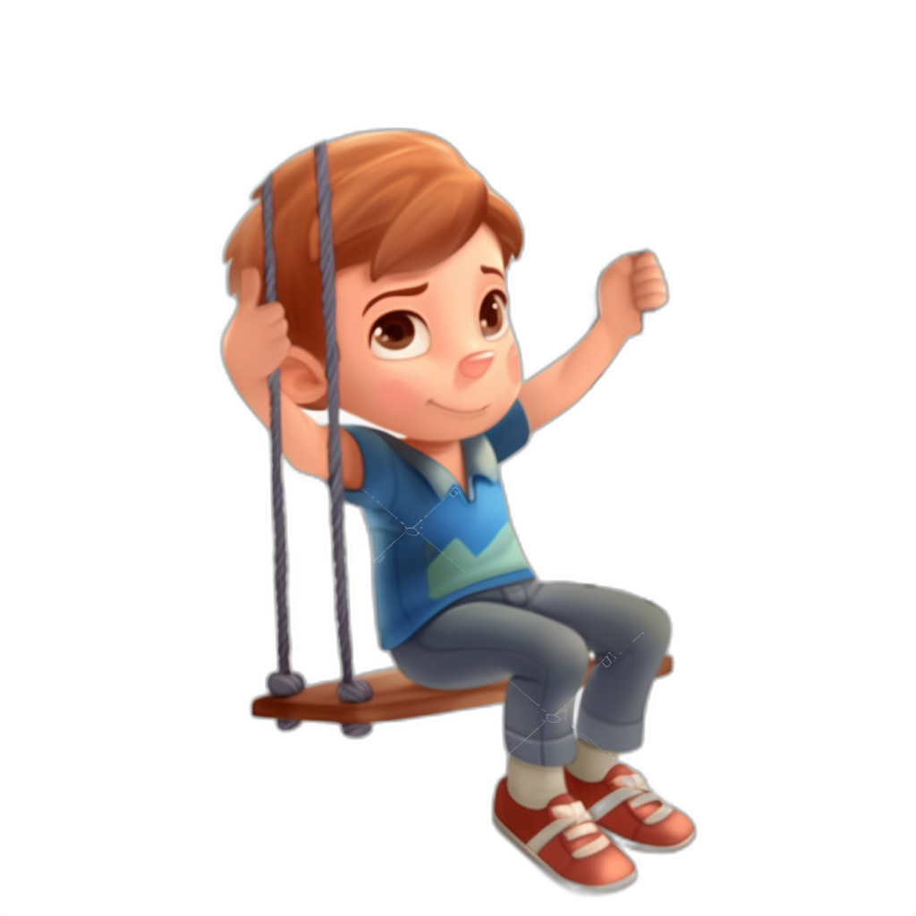 A cartoon boy sitting on a swing, holding onto one end of it with his hands and swinging around. He has brown hair and is wearing a blue T-shirt and red shoes with a black background in the cute style of Pixar animation. The image is rendered in 3D.