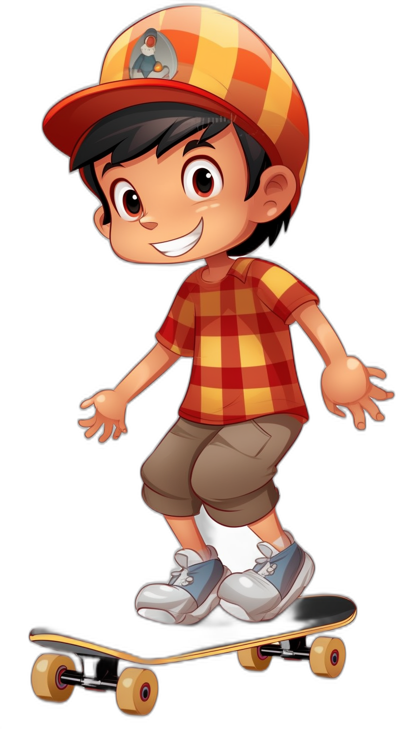 A cute cartoon boy with black hair, wearing an orange and yellow checkered cap on his head, skateboarding on the street in the style of Pixar, full body shot, flat color illustration, black background, vector art illustration, cartoon character, full-body, full-length, high resolution, high quality, high definition, high contrast, high sharpness.