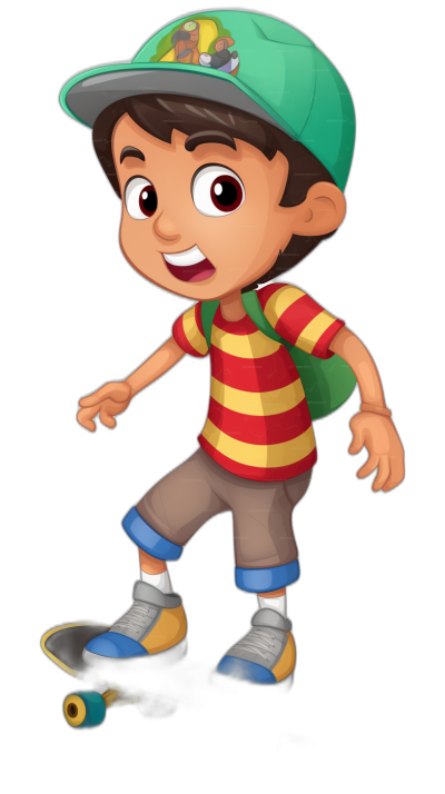 A young boy with brown hair, wearing a green baseball cap and red striped shirt under it, grey shorts, blue shoes, carrying an olive backpack is on his skateboard in the style of Dora. Isolated black background. Full body shot of the boy. He has big eyes and a wide open smile showing teeth. In front view. Cartoon illustration in the Pixar style.