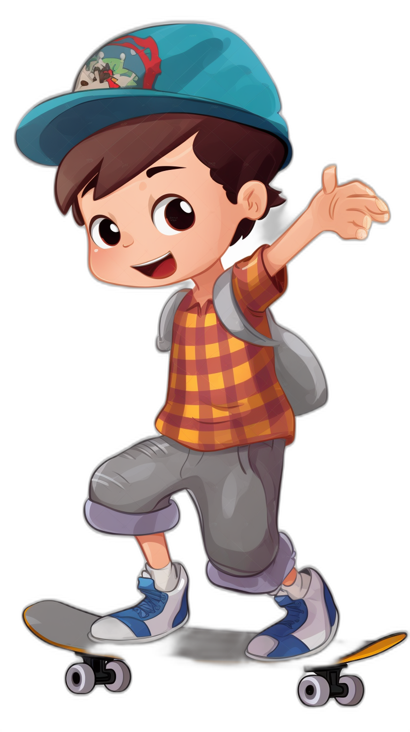 A cartoon boy with dark brown hair, wearing a blue baseball cap and checkered shirt, gray shorts and white sneakers is riding on his skateboard. The character has large eyes and an excited expression. He’s holding out one hand to the side as if pointing or reaching for something against an isolated black background, in the style of a children’s book illustration.