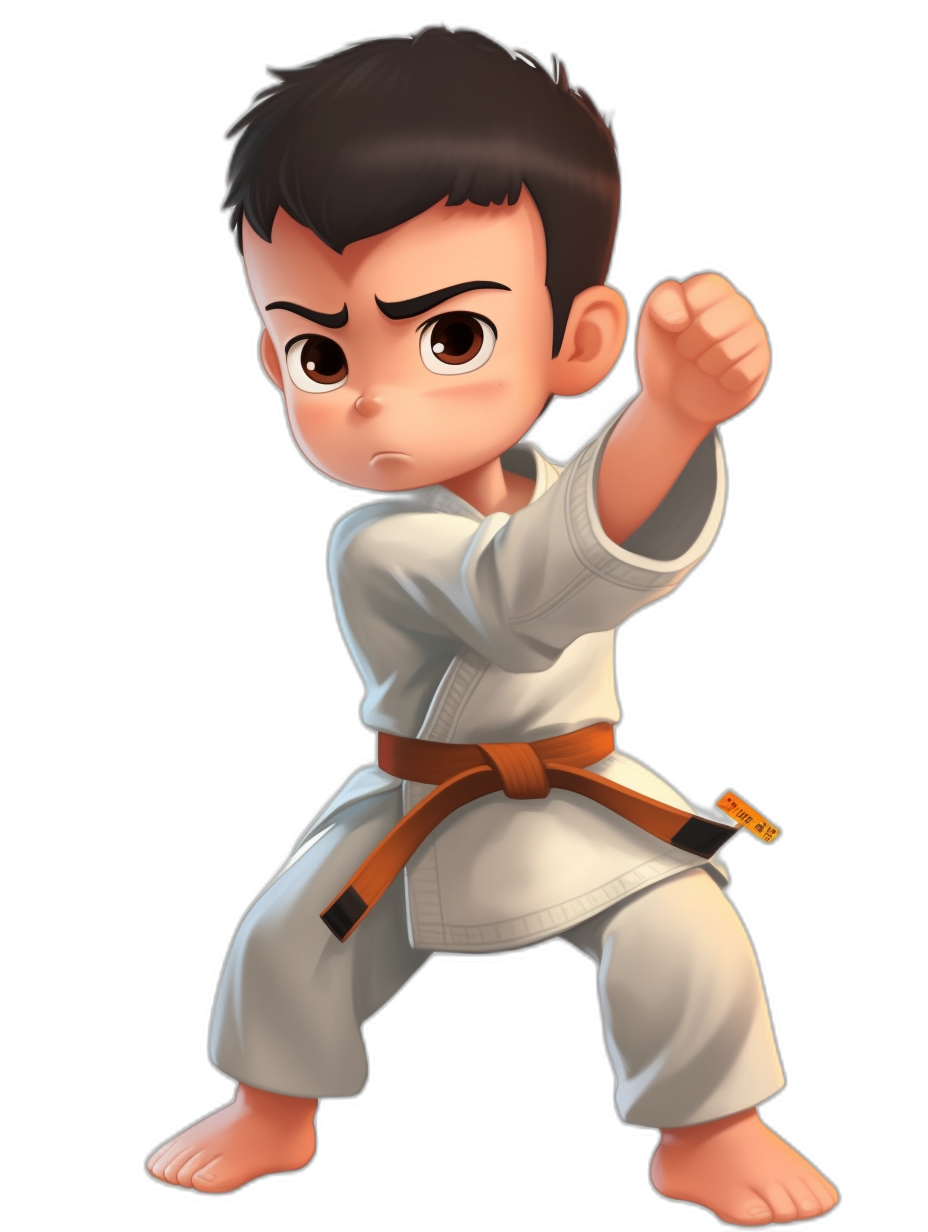 A young boy in a white karate outfit and brown belt with black hair is doing martial arts poses. He has expressive eyes with big dark eyelashes and thick eyebrows. His body proportions are exaggerated to make him look very small but strong for the game’s art style. The background of his character design should be plain black. The illustration should be in the style of cartoon or anime. The style should be similar to Pixar.