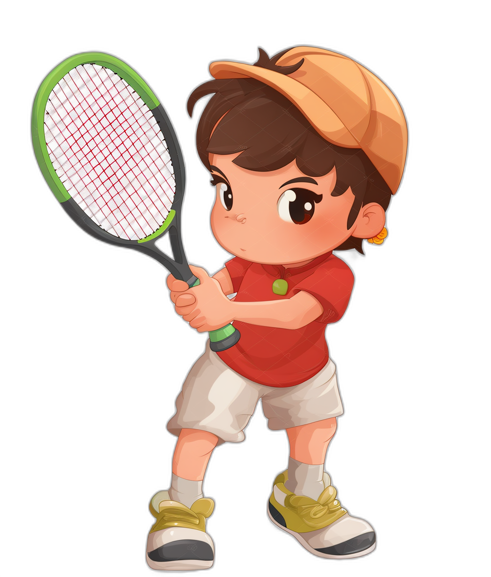 chibi young boy playing tennis, vector art illustration, full body character design, red t-shirt and white shorts with yellow shoes, brown hair wearing cap, holding racket, black background, in the style of game asset.