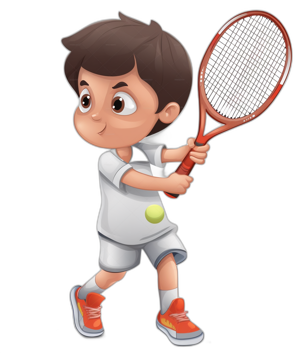 A boy playing tennis in a vector illustration for a children’s book in the style of Cartoon Artistic Style on a black background, a full body shot with his face clearly visible wearing a white t-shirt, orange shorts and shoes holding a racket – no outline details.