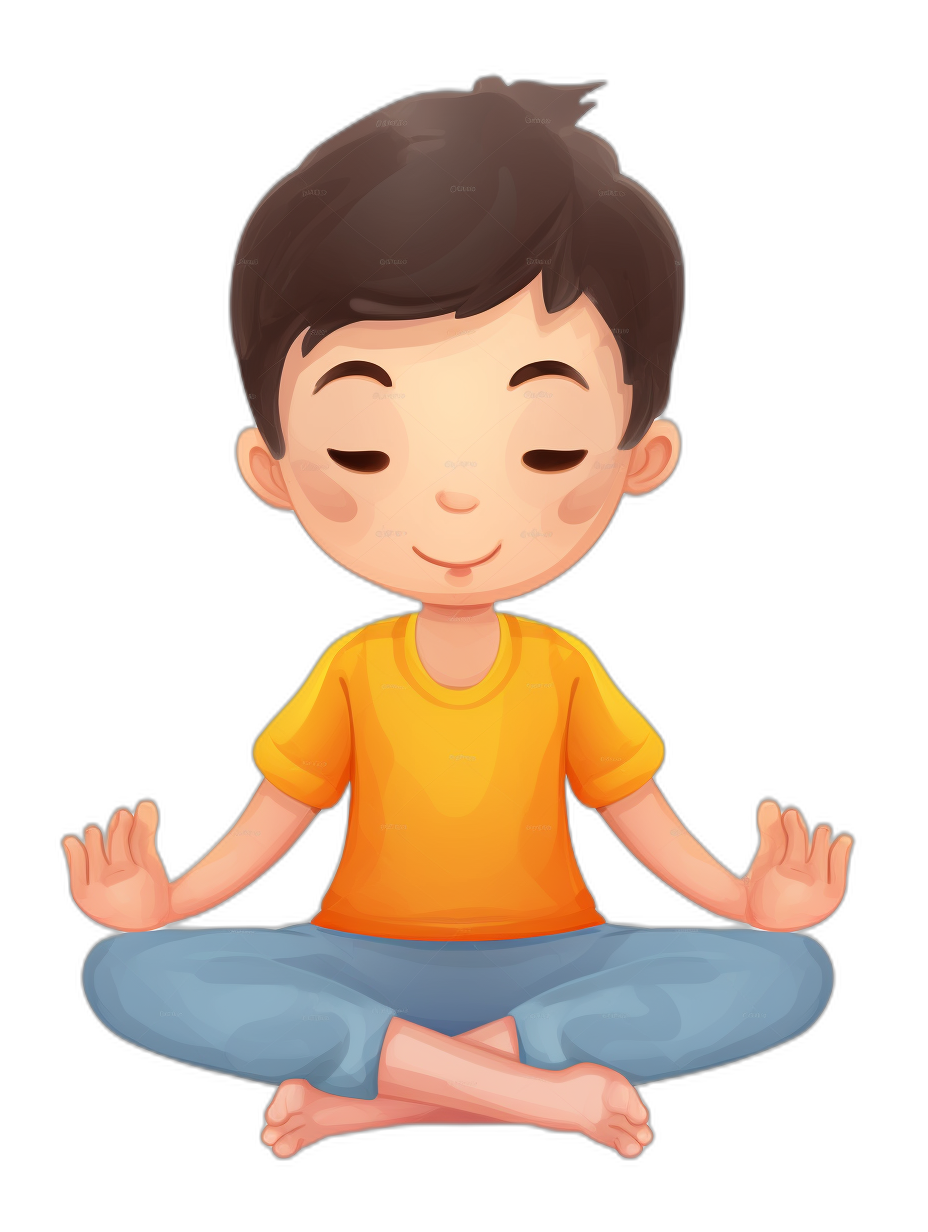 A cute little boy doing yoga in a simple flat illustration style with a black background and a yellow t-shirt, blue pants, and a smiling face expression, sitting cross-legged in a lotus position on the ground with his eyes closed and meditating. High resolution, high quality, professional design vector graphics. He has black hair. A closeup of his upper body is captured. He has short brown hair and wears an orange shirt underneath it. The character’s hands were placed at his side. Isolated on a pure white background.