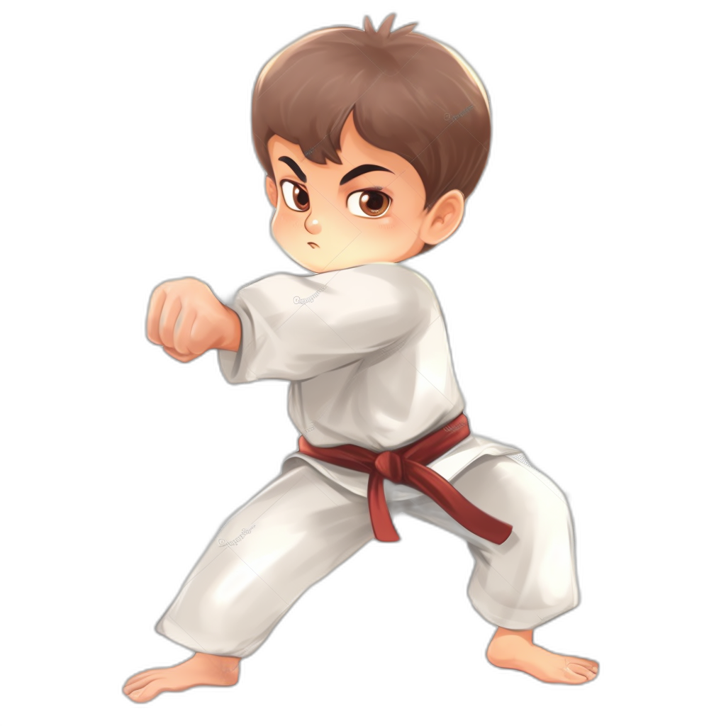 An adorable cartoon-style illustration of the boy in a karate outfit, striking dynamic poses with his right arm extended and his left leg bent at hip level. He has brown hair and is wearing white pants with a red belt around his waist, all set against a black background. The character should have exaggerated features to emphasize cuteness, in the style of classic anime characters, with vibrant colors to emphasize facial expressions and  details.