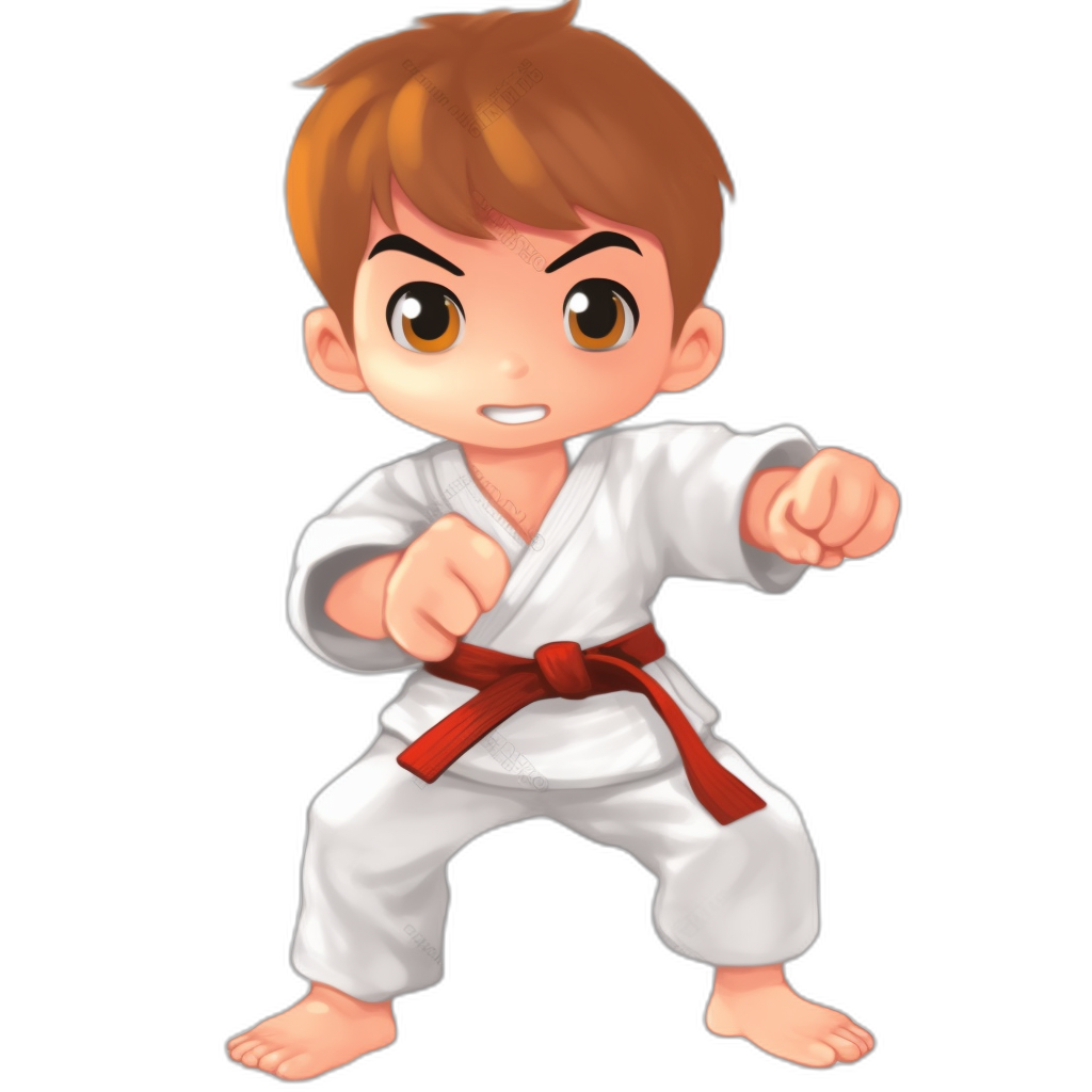 cartoon clip art, The little boy is wearing white karate  with a red belt around his waist and black pants. He has brown hair with bangs on the front. His eyes have an angry expression as he holds both hands in ready position to fight against a black background. Pixar style cartoon character.