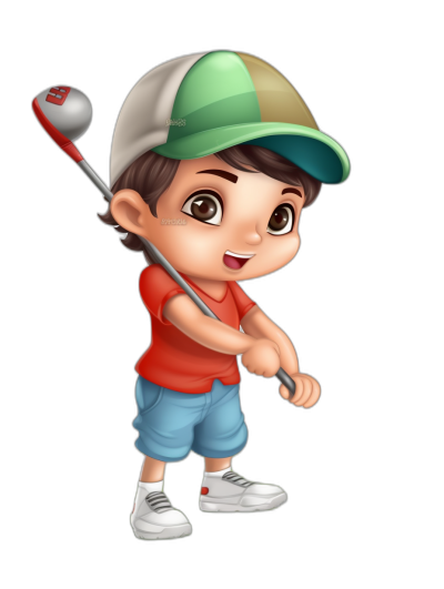 a cute boy playing golf, wearing cap and T-shirt , black background, full body cartoon character in the style of Disney Pixar, 3D animation character with big head and small neck holding driver club in his hand, brown hair color, red shirt, blue shorts, white shoes, happy face expression