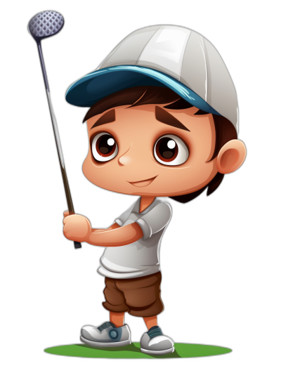 Golfing boy cartoon character, clip art for stickers, white hat and t-shirt with brown shorts black background , cute big eyes low detail no shading high quality