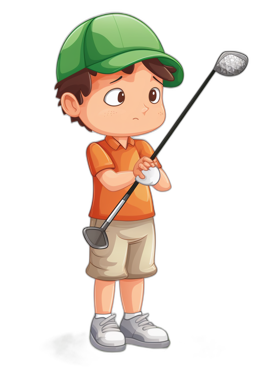 A cute little boy playing golf in a vector illustration cartoon style with a solid black background. The character is wearing an orange shirt and white shorts, holding the club in his hand while taking some action. He has brown hair and wears a green cap on his head. His expression shows he is focused on playing. There should be no other elements such as characters or objects around him to keep it simple for children.