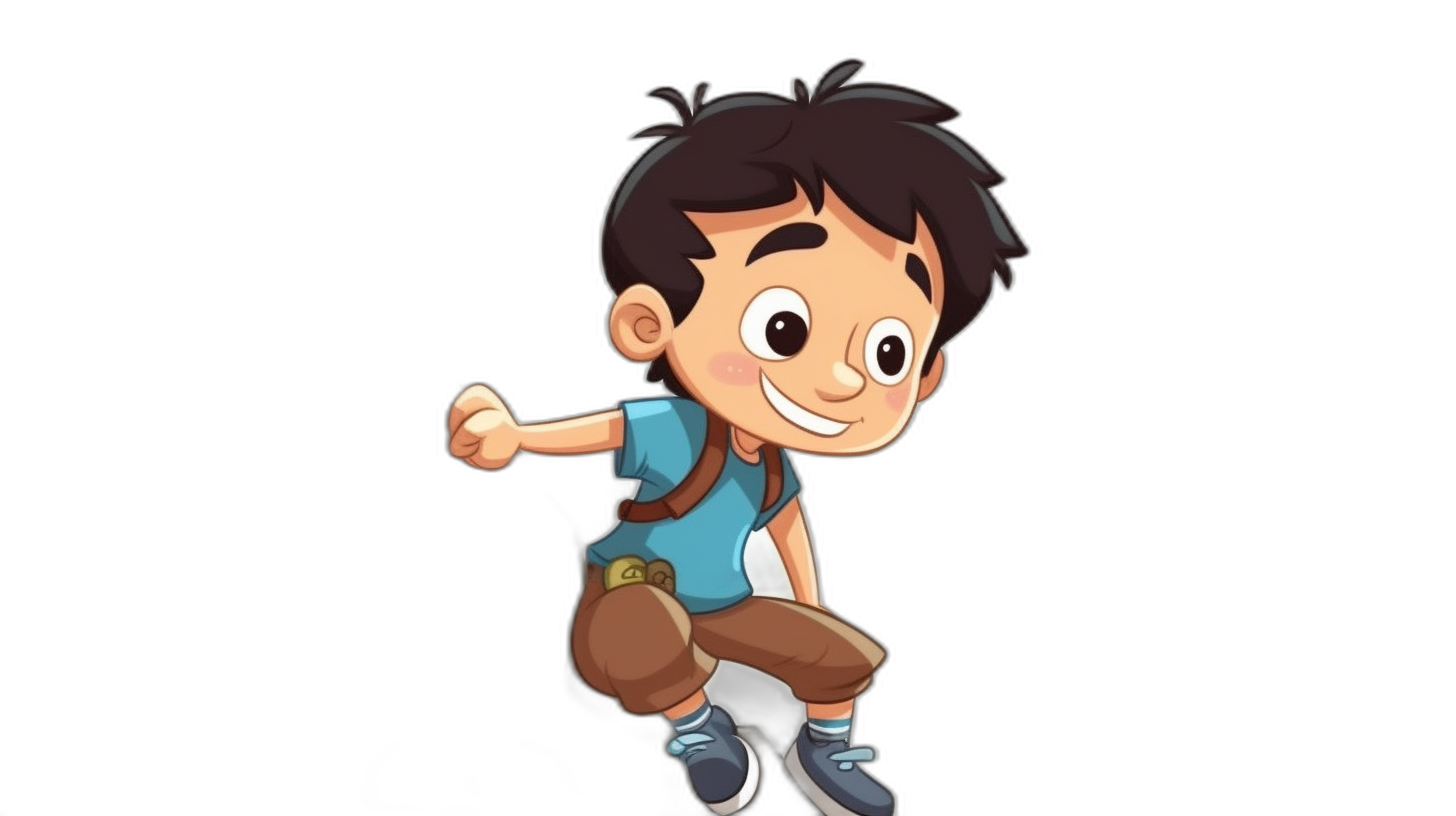 A cute cartoon boy is wearing a blue t-shirt and brown pants with shoes, in a jumping pose with a smiling face against a black background. It is a full body shot in high quality, high resolution with colorful animation in the style of Pixar.