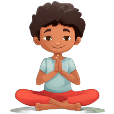 A cute cartoon of an Indian boy doing yoga, with his hands together in the prayer position, sitting on the floor with his legs crossed and feet resting at their knees. He is wearing red pants and a blue t-shirt, smiling softly while looking directly at the camera. The background should be plain black to highlight him beautifully. His hair has a natural texture, styled short and curly, and he also has brown eyes. A Pixar style clipart, cutout isolated on a white background, low detail, simple design.