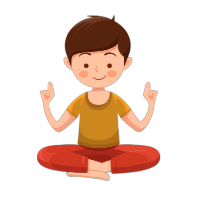 A boy doing yoga in a simple flat vector illustration with a black background and brown hair. A cute cartoon character design for children's book illustrations, sitting in lotus position with his hands up to the sky, smiling face expression, wearing red pants and a yellow t-shirt in a full body portrait view. Another simple flat vector illustration with white color on an isolated black background in a 2d clip art style in the style of adobe illustrator.