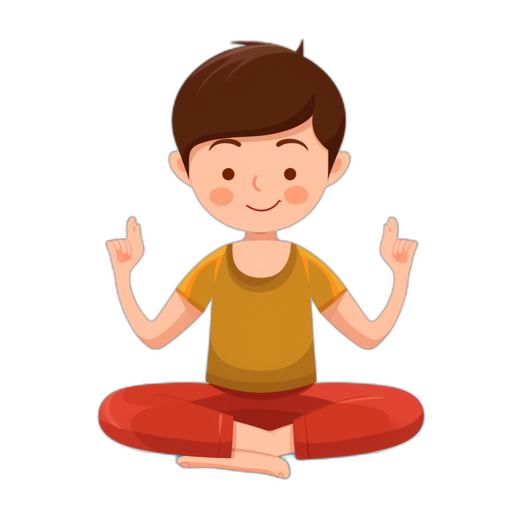 A boy doing yoga in a simple flat vector illustration with a black background and brown hair. A cute cartoon character design for children’s book illustrations, sitting in lotus position with his hands up to the sky, smiling face expression, wearing red pants and a yellow t-shirt in a full body portrait view. Another simple flat vector illustration with white color on an isolated black background in a 2d clip art style in the style of adobe illustrator.