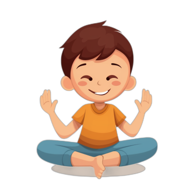 A cute cartoon boy doing yoga in a clip art style simple drawing on a solid black background. The simple flat illustration is in the style of a vector design using simple shapes. The happy and calm face expression of the cartoon character shows him sitting on the floor in a lotus position with hands together, wearing a t-shirt, smiling with eyes closed and giving off a positive vibe.