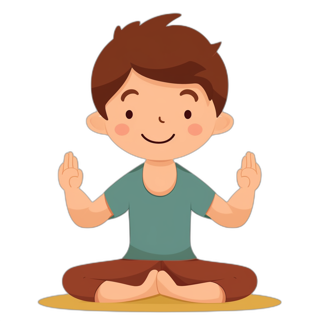 Cute cartoon boy doing yoga, simple flat illustration style with black background and yellow border, simple color scheme, simple lines, vector graphics, simple details, simple scene，The whole body is sitting cross-legged in the lotus position., he has brown hair, wearing dark green t-shirt , Smiling face, hands placed on his knees,,in