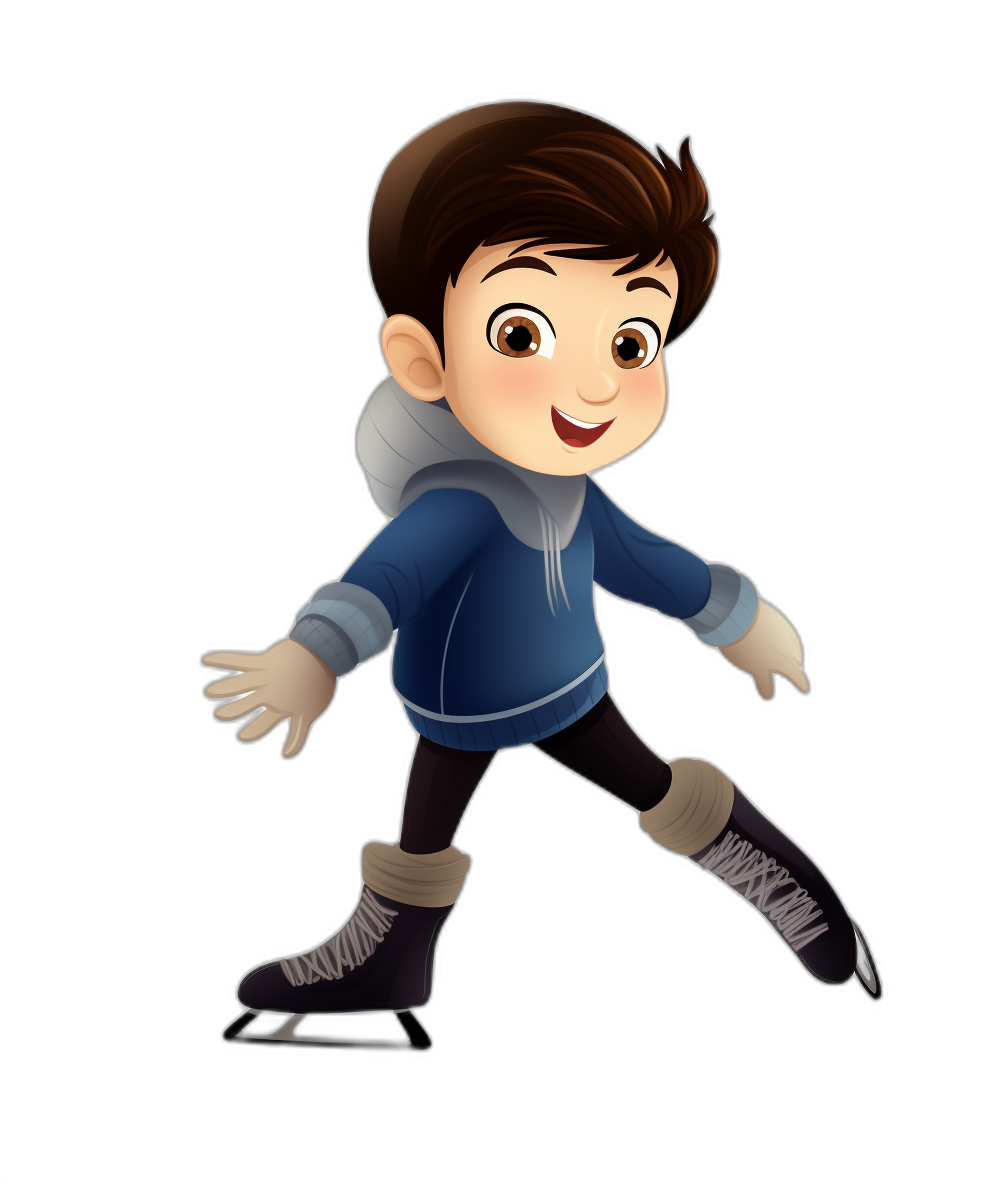 A cartoon boy ice skating, wearing dark blue and white  with black pants on his feet, brown hair, smiling expression, simple background, black background, full body portrait, in the style of a cartoon, cute face, simple lines, 2D flat design, high-definition image quality, high resolution, bright colors, lively movements.