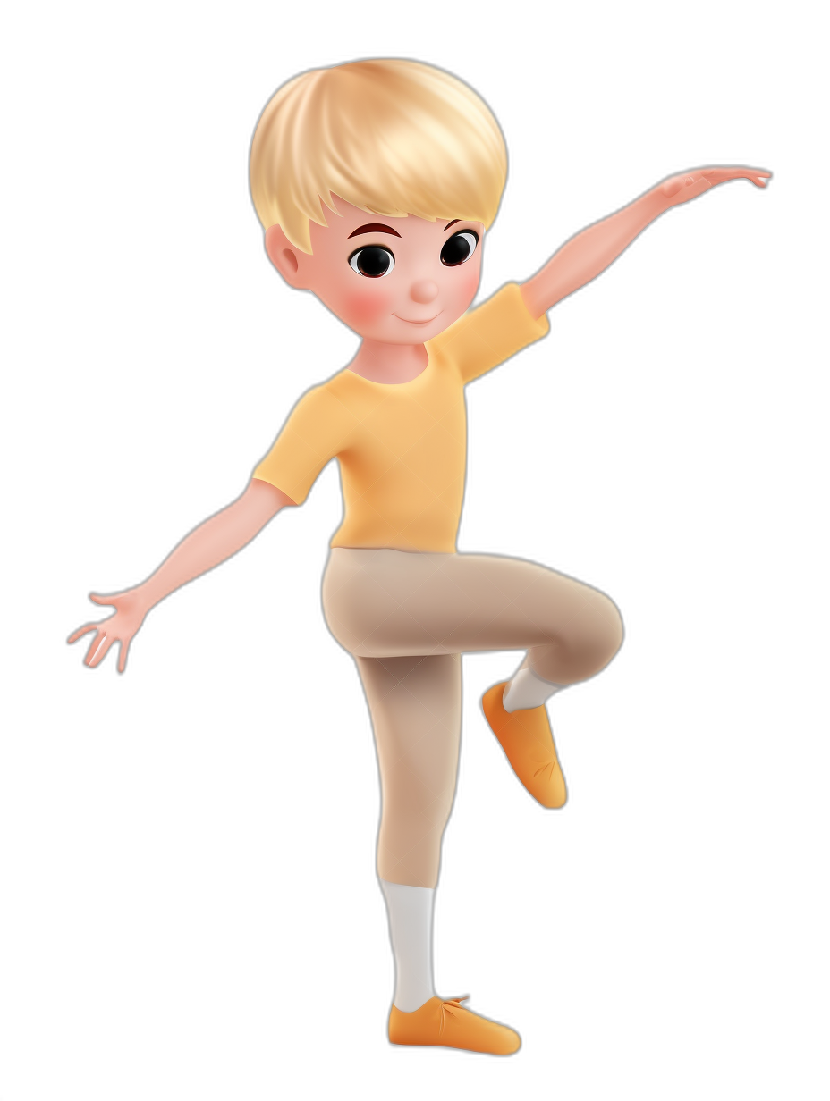 3D avatar of a blonde boy with short hair, wearing tights and yellow shoes is doing ballet on a black background, in the style of Pixar.
