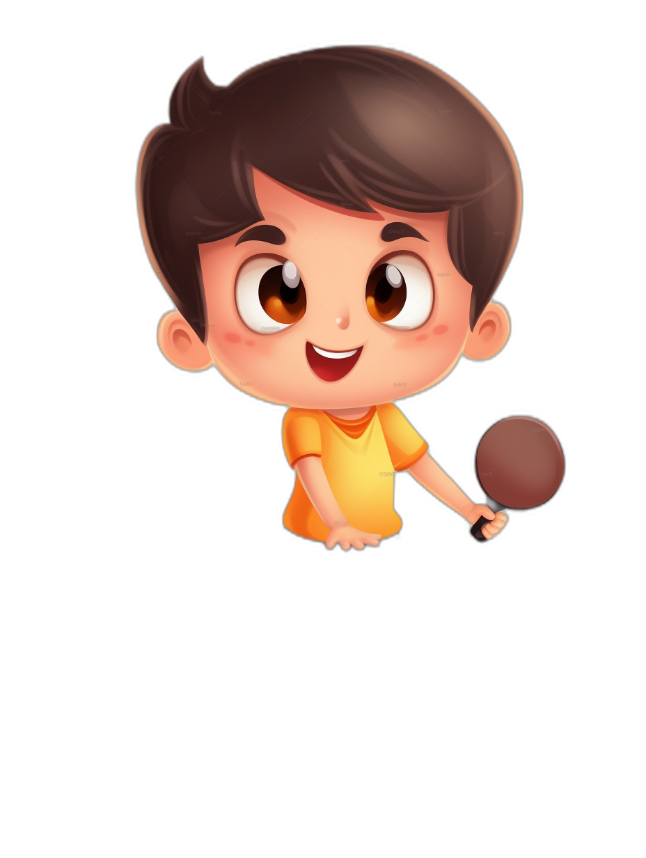 A cute boy playing table tennis, with a simple style cartoon character design in the vector illustration against a black background. The 2D game art depicts a cute and dreamy boy with black hair and brown eyes, wearing a yellow t-shirt and holding a racket in his hand. He is smiling happily with a bright big round eye. The light shines on his face from the front, making for a very lively and lovely image in the style of a cartoon.