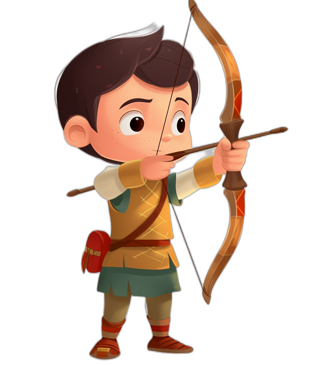 cute cartoonish animated style, a young boy character with brown hair dressed in medieval  shooting an arrow on a black background, a full body view of the archer in the style of Disney, animated characters, game art