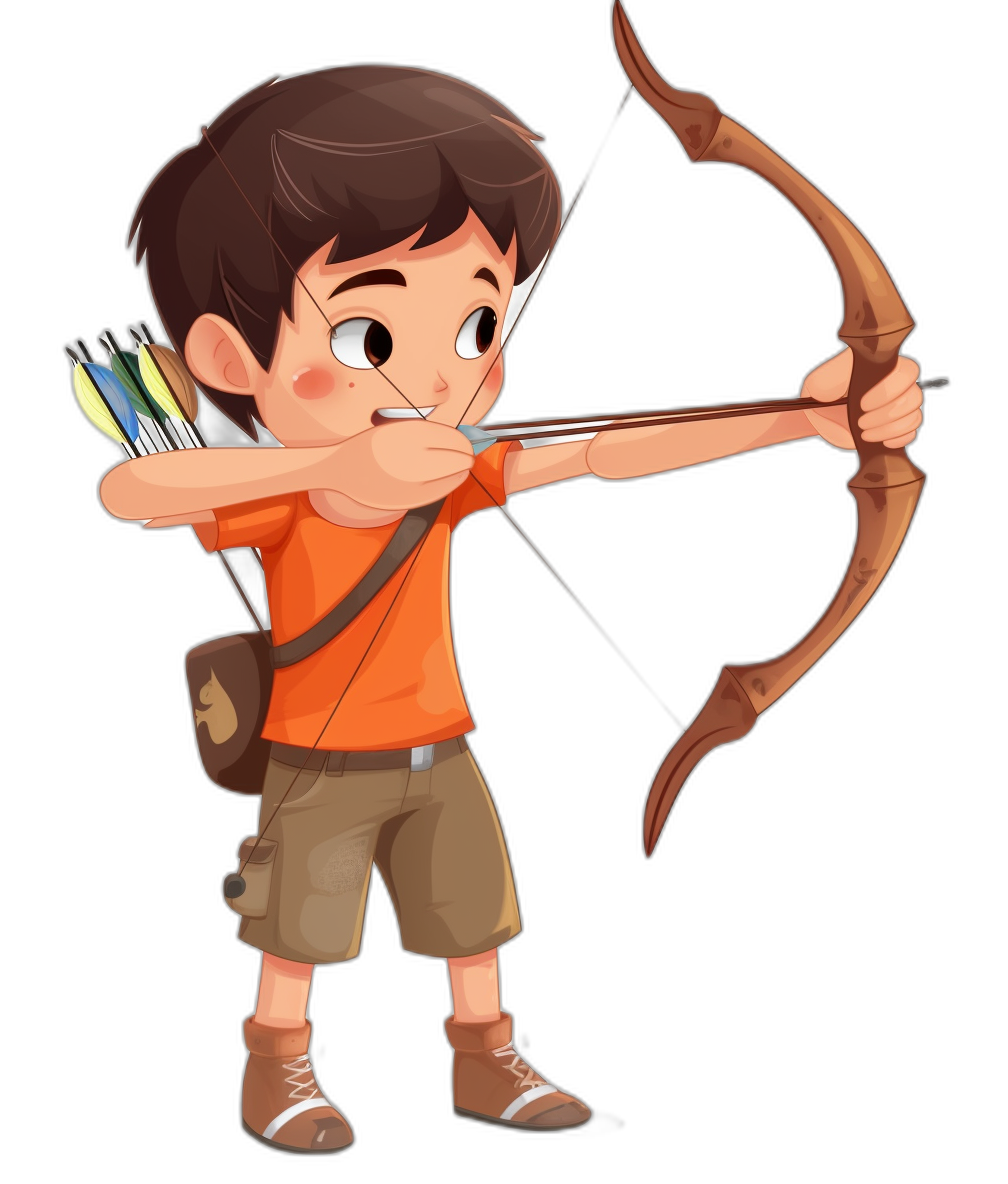 A cartoon drawing of an archer boy with his bow and arrow. He has short brown hair wearing an orange t-shirt against a black background in the style of clip art.