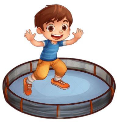 A cartoon boy jumping on a trampoline, with a simple background, in the style of a game icon with a black background and bright colors, in a 2D flat design, as a simple shape illustration, with no shadow details, using simple lines, of a cartoon character. The overall color is blue. He has brown hair and wears orange shoes. His  include white stripes at his sleeves and pants, while he smiles happily in mid-air. There should be nothing else around him except for one big round ring that forms part of an empty trampoline.