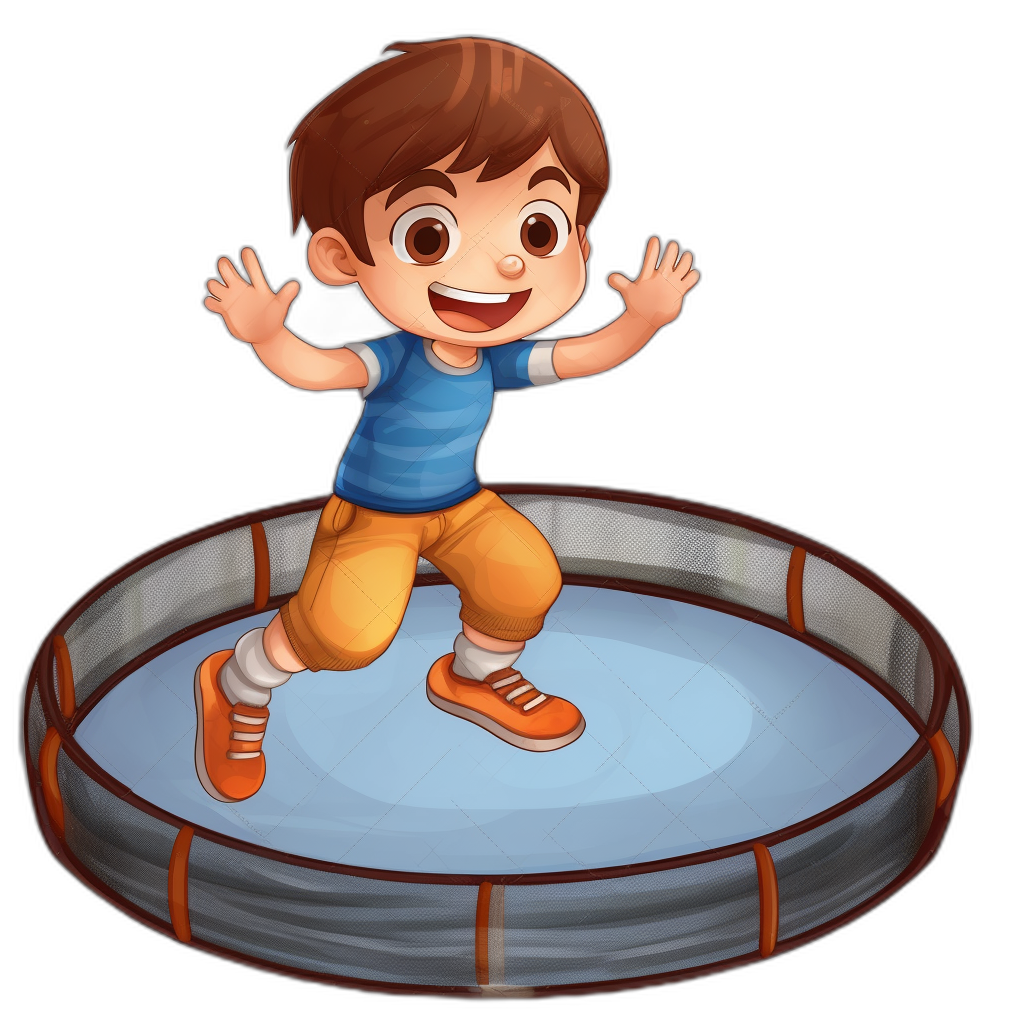 A cartoon boy jumping on a trampoline, with a simple background, in the style of a game icon with a black background and bright colors, in a 2D flat design, as a simple shape illustration, with no shadow details, using simple lines, of a cartoon character. The overall color is blue. He has brown hair and wears orange shoes. His  include white stripes at his sleeves and pants, while he smiles happily in mid-air. There should be nothing else around him except for one big round ring that forms part of an empty trampoline.